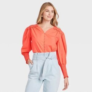 A New Day Smocked Coral Button Down Poplin Top Size XS